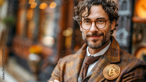 middle-aged man with glasses, brown tie, wearing a brown checked blazer with a Bitcoin pin on the lapel photo