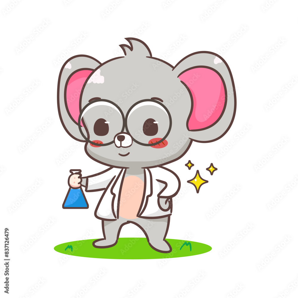Fototapeta premium Cute mouse as a professor with glasses cartoon character. Adorable kawaii animal mascot vector illustration concept design. Isolated white background.