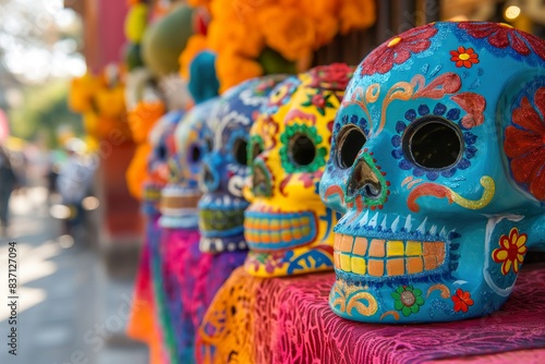 A row of colorful sugar skulls, a traditional symbol of the Day of the Dead, on display in Mexico.
