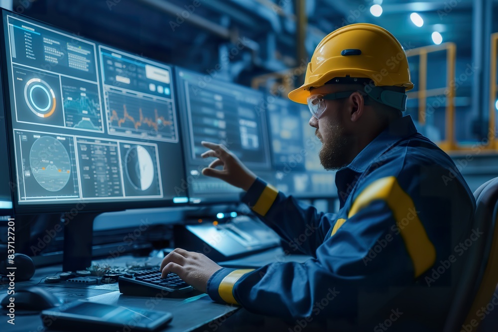 An industrial engineer analyzes real-time data on a computer screen in a modern factory setting. An industrial engineer analyzes real-time data on a computer screen in a modern factory setting.