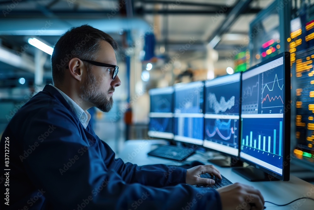An industrial engineer analyzes real-time data on a bank of computer monitors in a control room setting. An industrial engineer analyzes real-time data on a bank of computer monitors in a control room setting.