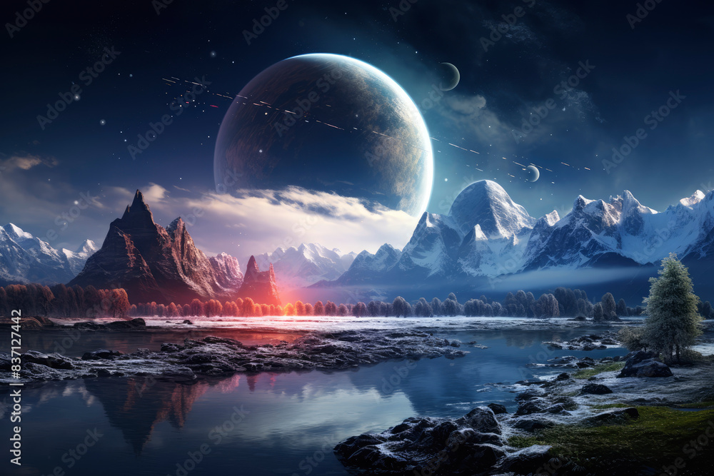 Landscape planet with lake, mountains, large moon in the background Landscape planet with lake, mountains, large moon in the background
