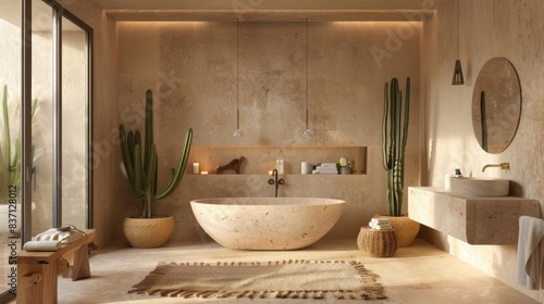 A desert-inspired bathroom with warm, earthy tones, cactus decor, and natural stone finishes. The design is unique and inviting. --ar 16:9 --style raw Job ID: be25226a-767b-48ff-a7be-cd6451753d7a photo