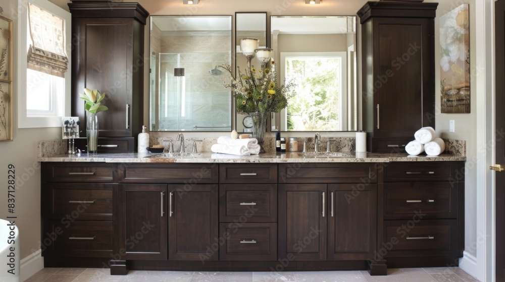 A family-friendly bathroom with a double sink vanity, durable tiles, and plenty of storage for towels and toiletries. The design is practical and accommodating. --ar 16:9 --style raw A family-friendly bathroom with a double sink vanity, durable tiles, and plenty of storage for towels and toiletries. The design is practical and accommodating. --ar 16:9 --style raw