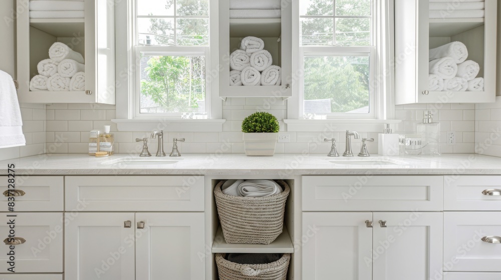 A family-friendly bathroom with a double sink vanity, durable tiles, and plenty of storage for towels and toiletries. The design is practical and accommodating. --ar 16:9 --style raw A family-friendly bathroom with a double sink vanity, durable tiles, and plenty of storage for towels and toiletries. The design is practical and accommodating. --ar 16:9 --style raw