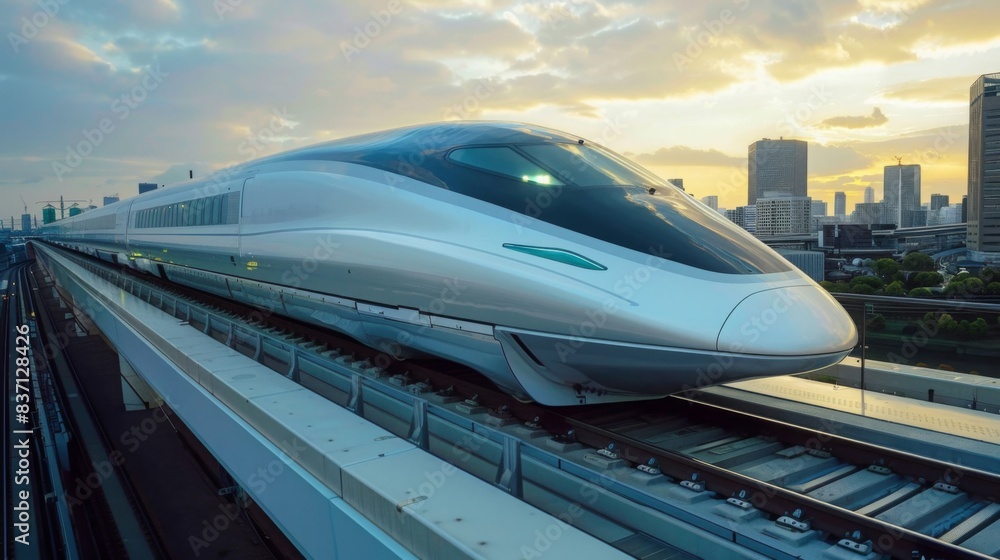 A futuristic Chuo Shinkansen maglev train in motion, with its aerodynamic design and high speed, set against a backdrop of urban and natural landscapes. A futuristic Chuo Shinkansen maglev train in motion, with its aerodynamic design and high speed, set against a backdrop of urban and natural landscapes.