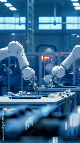 Robotic Precision: White Robot Arms Assembling Circuit Boards in a Factory, industry 4.0