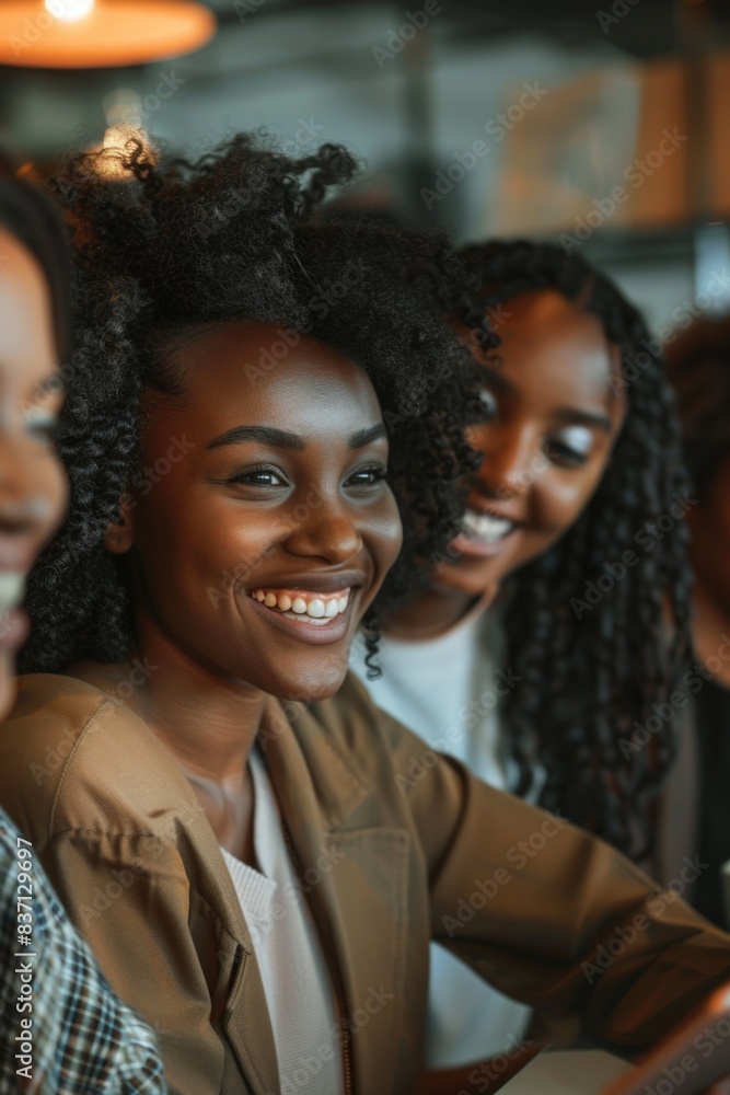 A group of women are smiling and laughing together. One woman is wearing a brown jacket and smiling at the camera A group of women are smiling and laughing together. One woman is wearing a brown jacket and smiling at the camera
