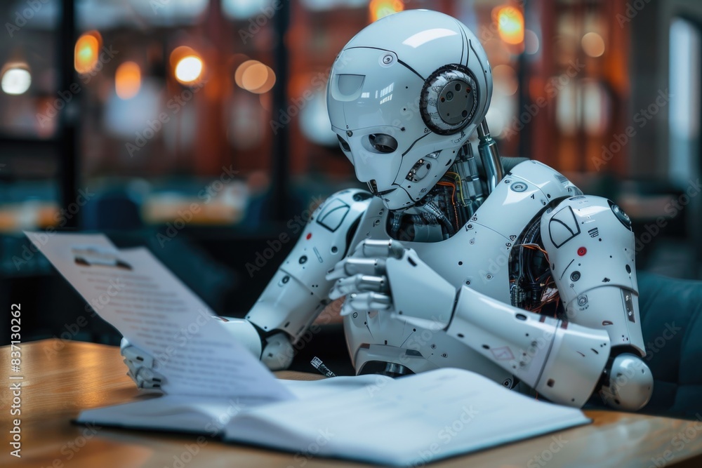 A robot is sitting at a table reading a book. The robot is white and has a serious expression on its face. The book is open to a page with a lot of text A robot is sitting at a table reading a book. The robot is white and has a serious expression on its face. The book is open to a page with a lot of text