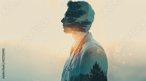 Close up of doctor in lab coat, focus on, copy space, muted pastel background, Double exposure silhouette with serene medical imagery,