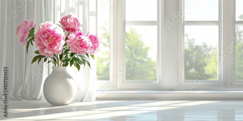 Sunlit peonies in a vase exude a fresh  natural charm  their pink petals adding grace to the room decor.