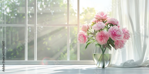 A vase filled with the fresh beauty of pink peonies is illuminated by the soft glow of morning sunlight.