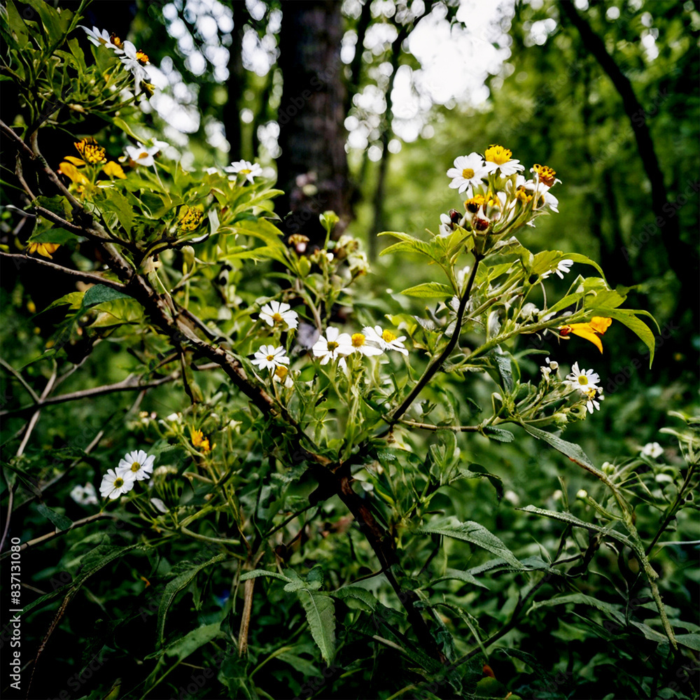 Wild wildflowers and creeper leaves survive clinging to the branches of large trees Wild wildflowers and creeper leaves survive clinging to the branches of large trees
