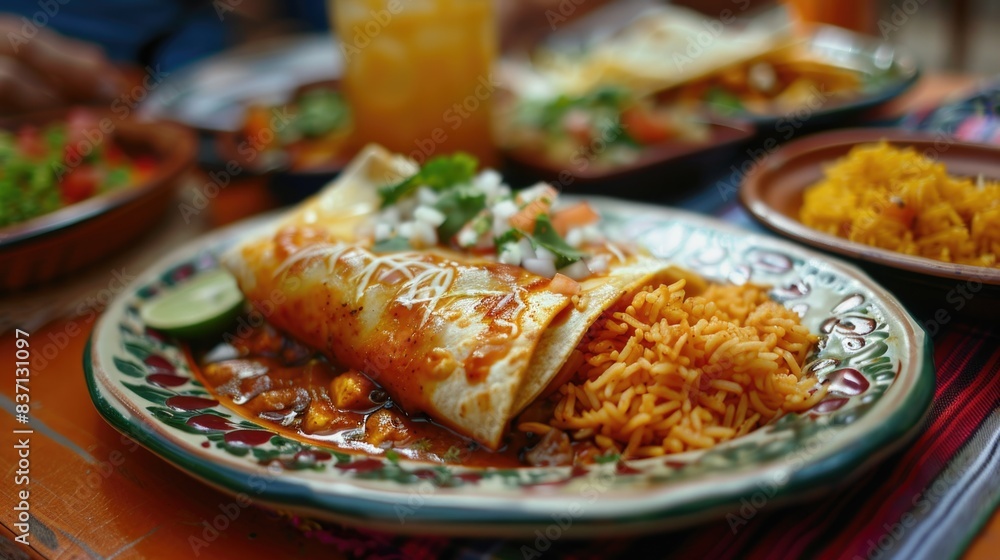 A plate of food with rice and beans on it. The plate is decorated with a green and white design A plate of food with rice and beans on it. The plate is decorated with a green and white design