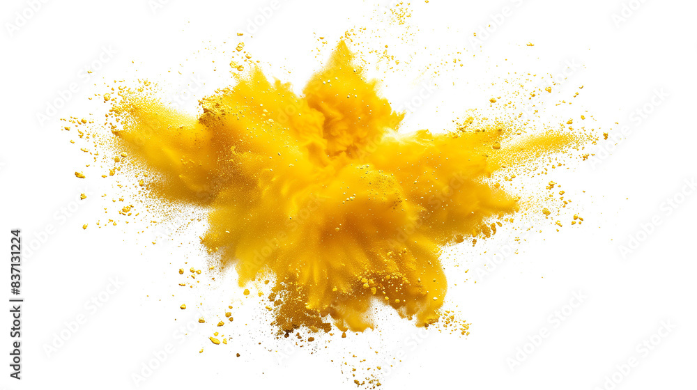 Yellow powder explosion effect isolated or on white background. PNG. AR 16:9 Yellow powder explosion effect isolated or on white background. PNG. AR 16:9