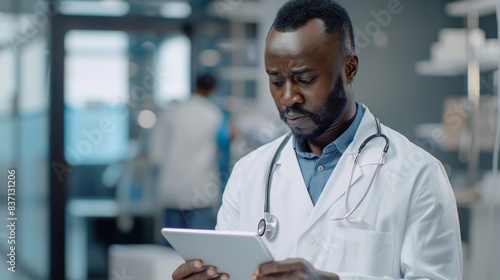 Telemedicine-enabled office with an African American physician providing virtual health screenings.