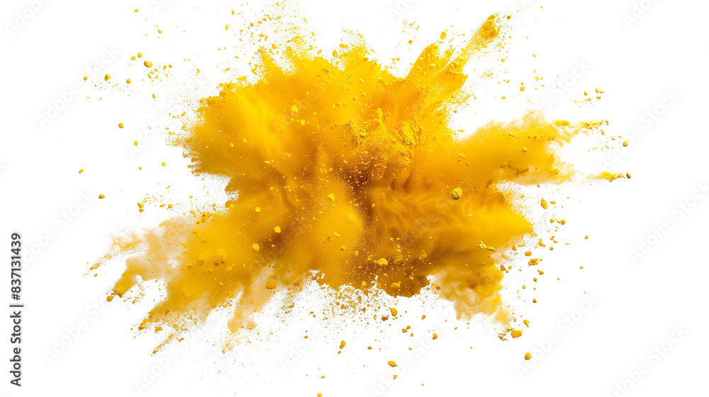 Yellow powder explosion effect isolated or on white background. PNG. AR 16:9 Yellow powder explosion effect isolated or on white background. PNG. AR 16:9