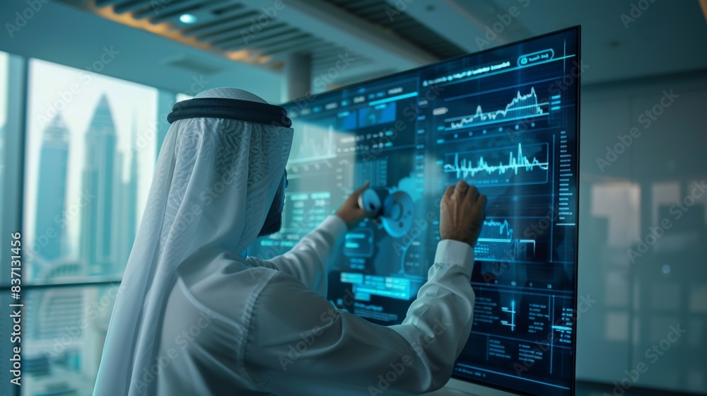 Entrepreneur in white thobe studying global financial markets on a futuristic touchscreen panel. Entrepreneur in white thobe studying global financial markets on a futuristic touchscreen panel.