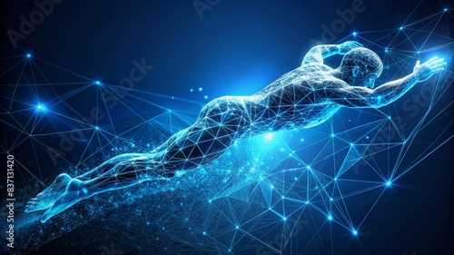 Futuristic Digital Swimmer in Cyberspace - Conceptual Art of a Human Figure Swimming Through a Network of Glowing Blue Lines and Nodes, Representing Technology, Connectivity, and Virtual Reality photo