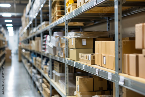 Detailed and organized storage area filled with sturdy shelves and containers in a modern warehouse. Efficient logistics and inventory management concept