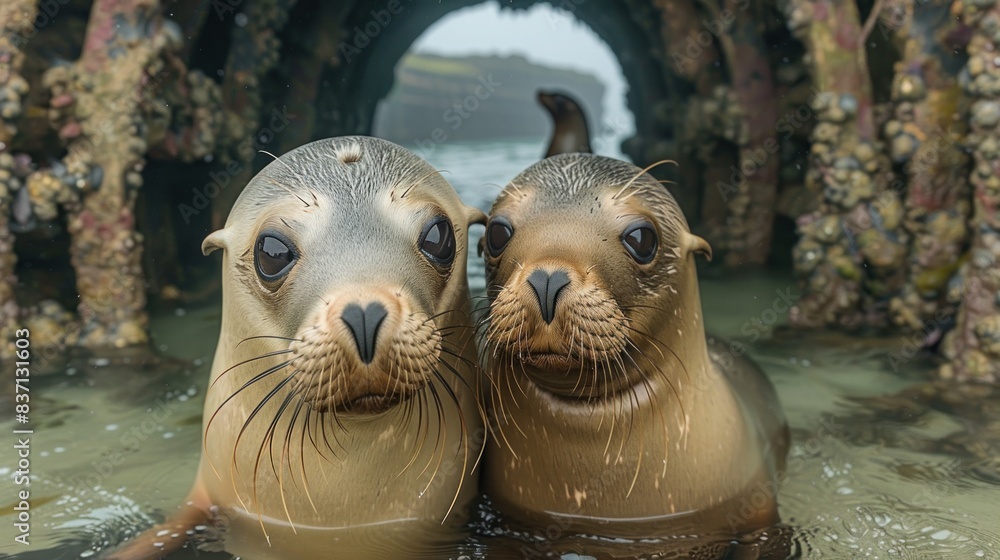 Fototapeta premium Playful California sea lions (Zalophus californianus) come together for a kiss underwater while another sea lion is swimming through the pathway in the background.