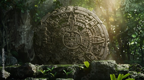 Ancient Mayan calendar stone set against a jungle backdrop. 8k  realistic  full ultra HD  high resolution and cinematic photography