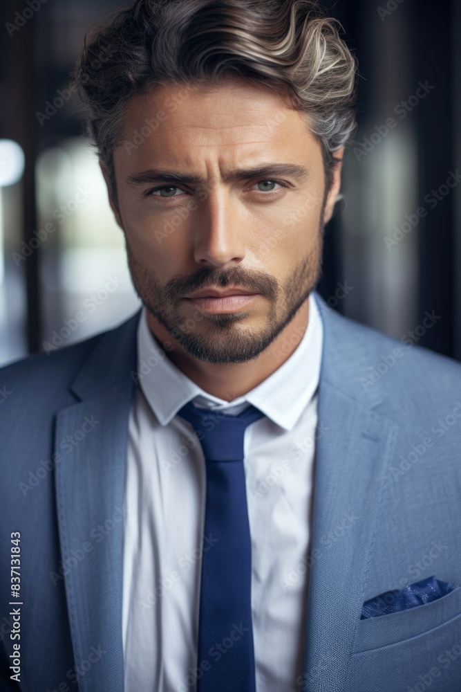 A man in a blue suit and white shirt is wearing a blue tie. He has a serious expression on his face A man in a blue suit and white shirt is wearing a blue tie. He has a serious expression on his face
