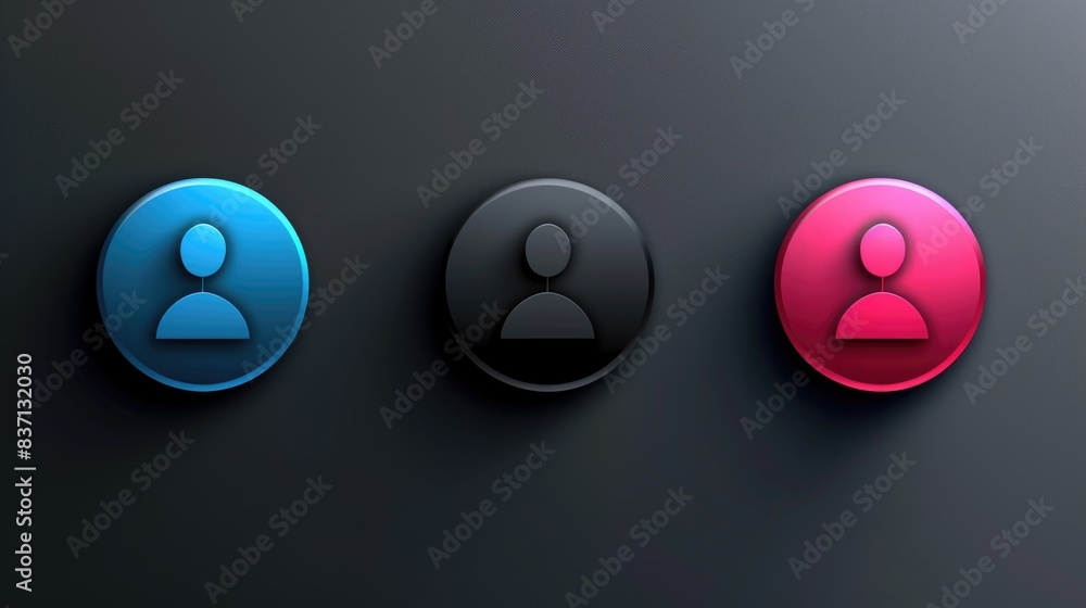 Three people are shown in different colors. The blue one is smiling, the red one is frowning, and the black one is looking away Three people are shown in different colors. The blue one is smiling, the red one is frowning, and the black one is looking away