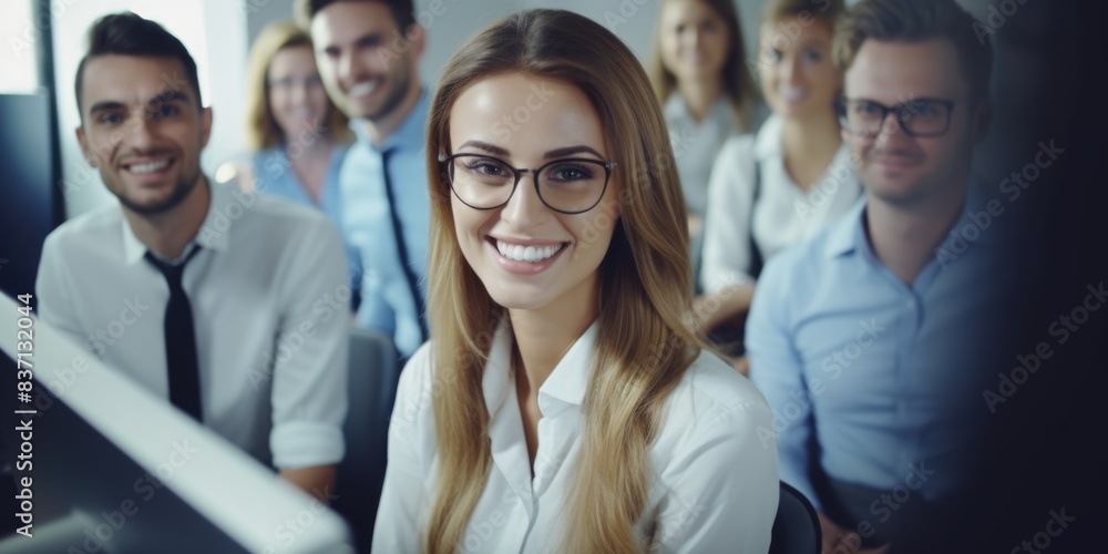 A group of people are smiling and sitting in front of a computer monitor. The woman in the center is wearing glasses and has a big smile on her face A group of people are smiling and sitting in front of a computer monitor. The woman in the center is wearing glasses and has a big smile on her face