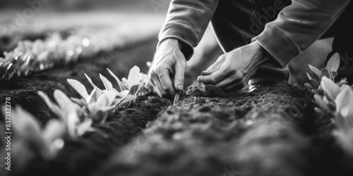 A man is planting flowers in a field. The flowers are white and the man is wearing a black jacket