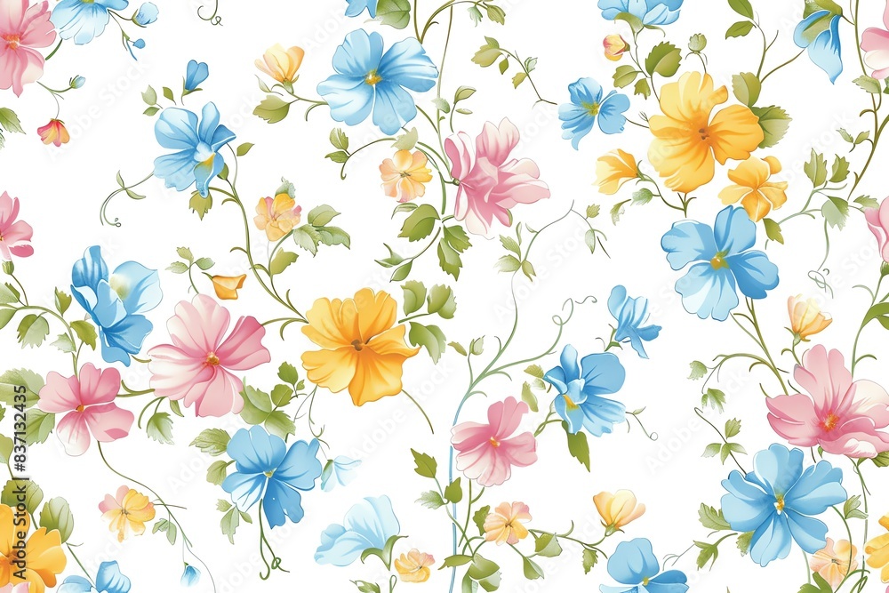 Delicate floral pattern with blue, pink, and yellow flowers on a white background. Delicate floral pattern with blue, pink, and yellow flowers on a white background.