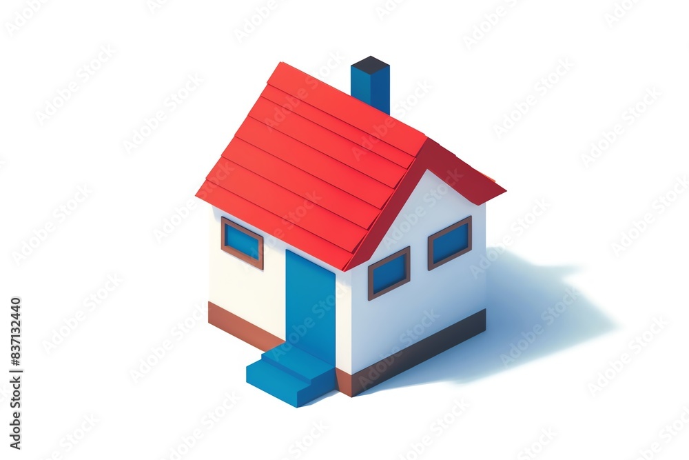 Simple isometric illustration of a white house with a red roof and a blue door. Simple isometric illustration of a white house with a red roof and a blue door.