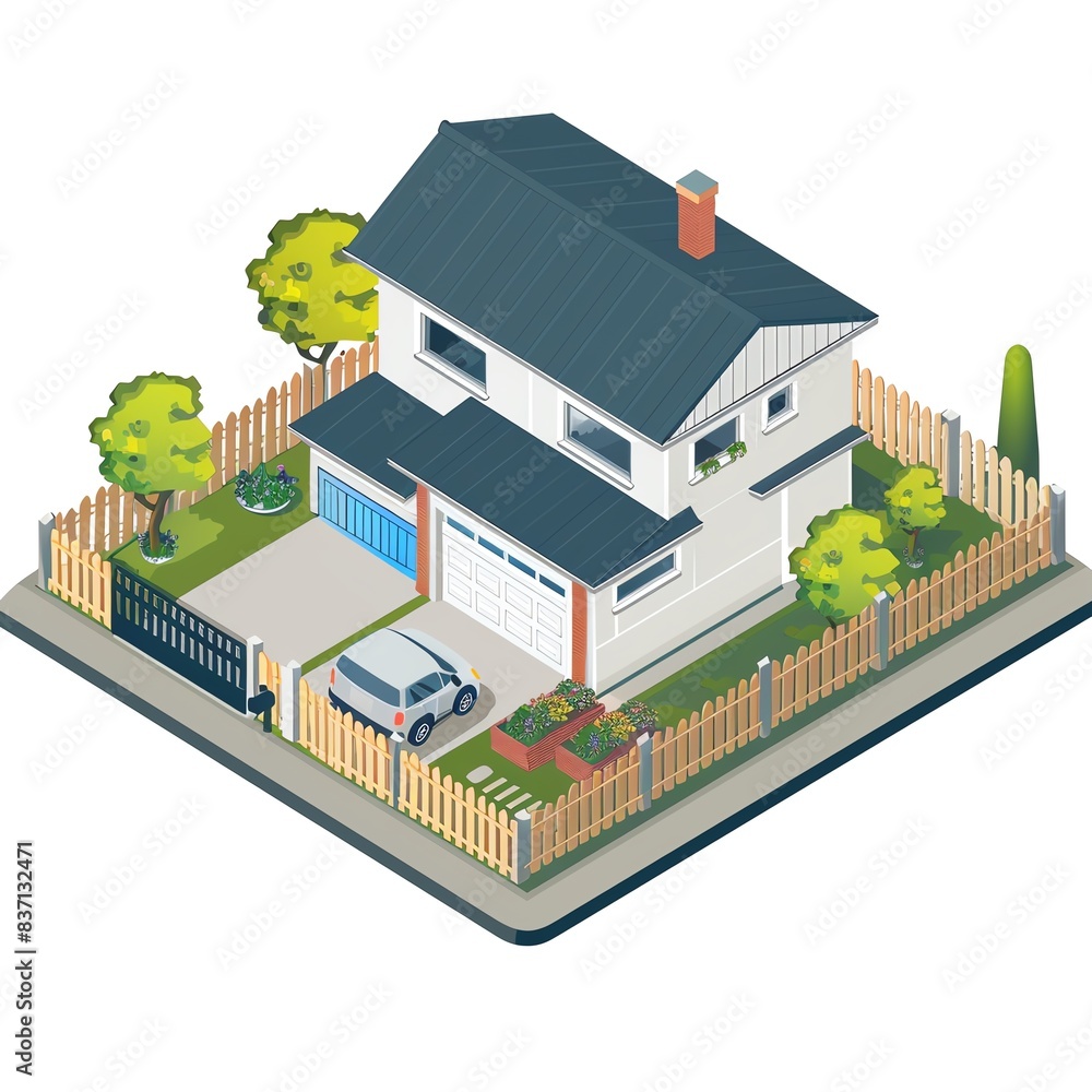 Isometric illustration of a suburban house with a fenced yard and garden. Isometric illustration of a suburban house with a fenced yard and garden.
