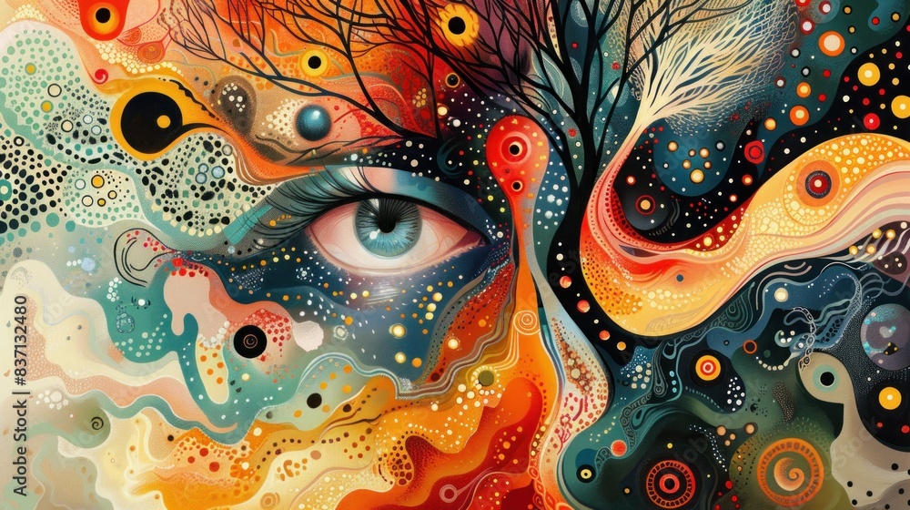 Contemporary Abstract Landscape with Tree, Eye and Floral Elements Contemporary Abstract Landscape with Tree, Eye and Floral Elements