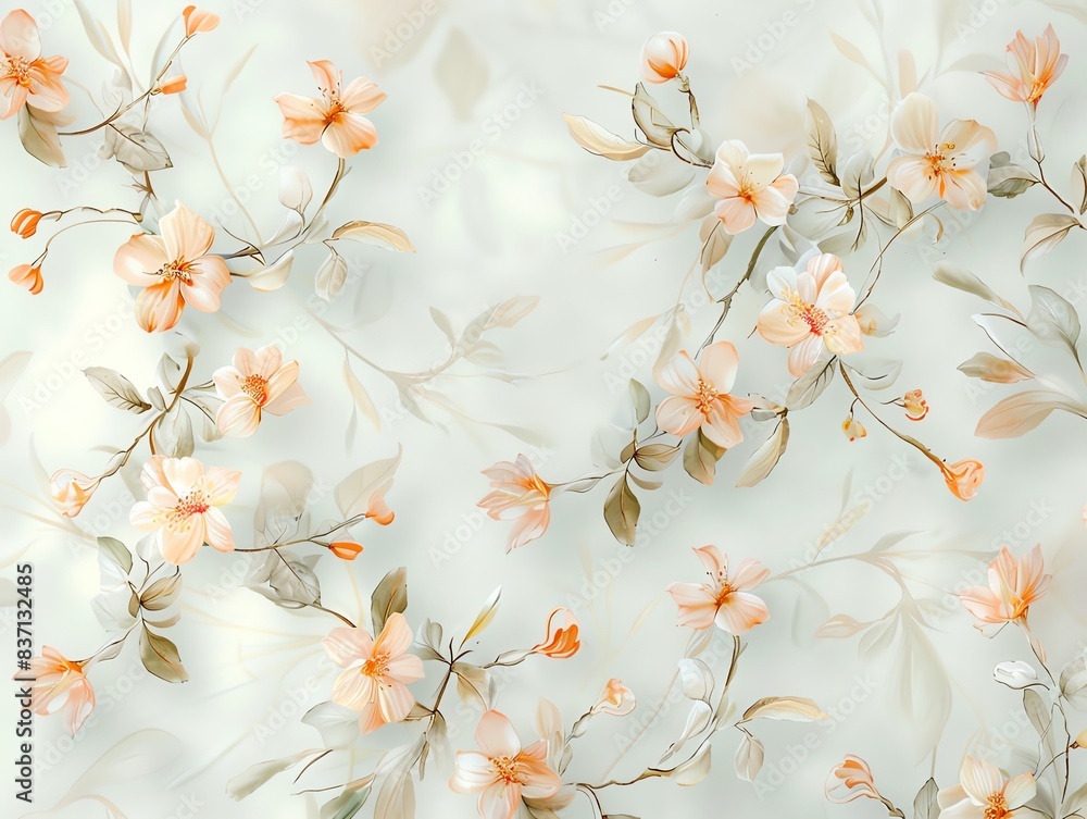 Delicate floral pattern with peach blossoms on a light blue background. Delicate floral pattern with peach blossoms on a light blue background.
