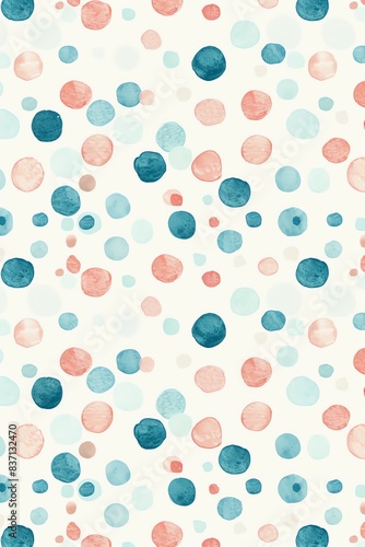 Abstract watercolor pattern with blue and pink dots on white background.