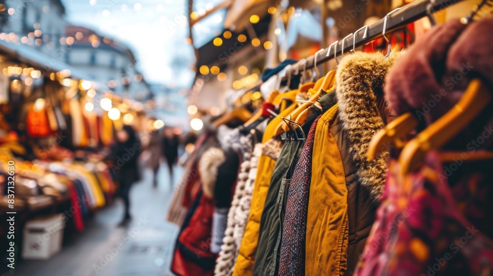 A busy street with people walking and shopping. The clothes on display are colorful and eye-catching