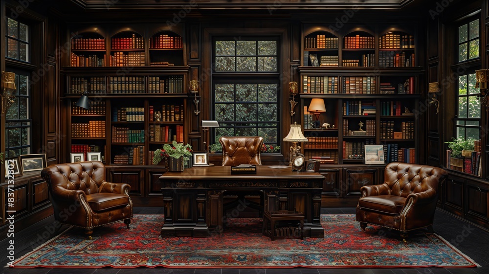 There is a solid wood desk in the study, with a desk lamp on the table and a bookshelf filled with hardcover books. The ground is covered with a dark red carpet, paired with leather reading chairs There is a solid wood desk in the study, with a desk lamp on the table and a bookshelf filled with hardcover books. The ground is covered with a dark red carpet, paired with leather reading chairs