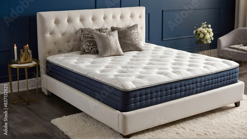 White luxury pocket sprung, spring mattress with memory foam in stylish bedroom or hotel room. Orthopedic or hypoallergenic mattress
