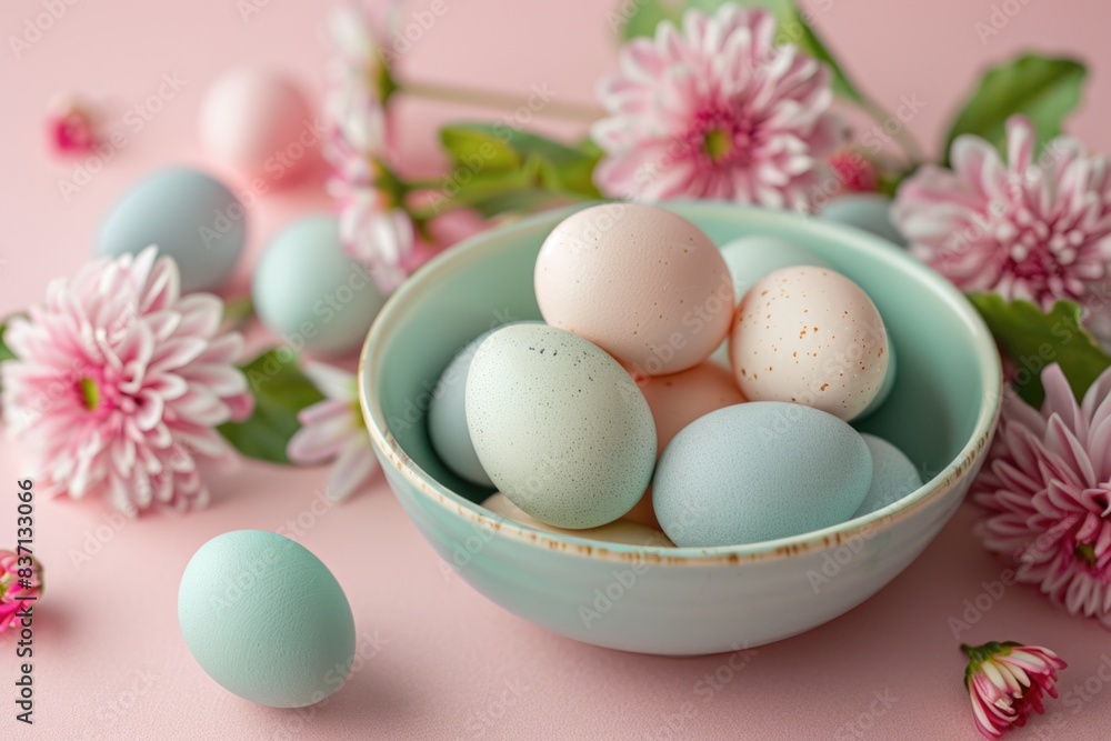 A bowl of eggs with pink flowers in the background. The bowl is blue and has a variety of eggs in it A bowl of eggs with pink flowers in the background. The bowl is blue and has a variety of eggs in it