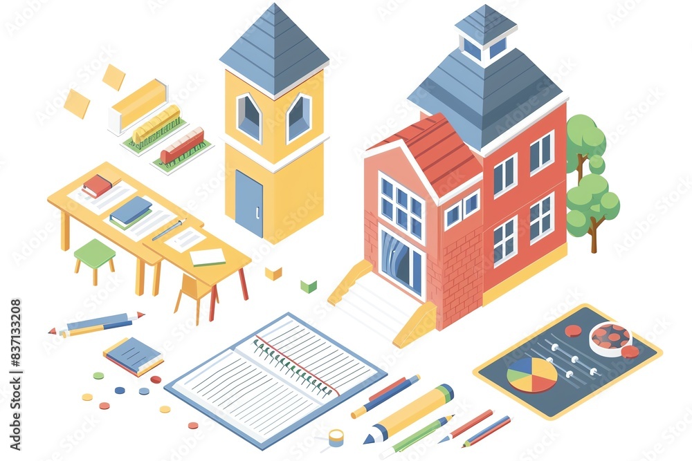 Isometric illustration of school building, classroom, desk, books, and other educational supplies. Isometric illustration of school building, classroom, desk, books, and other educational supplies.