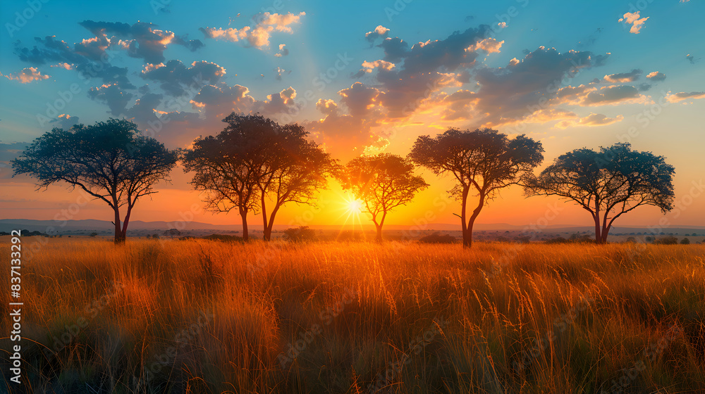 A serene nature savannah scene with acacia trees silhouetted against the setting sun