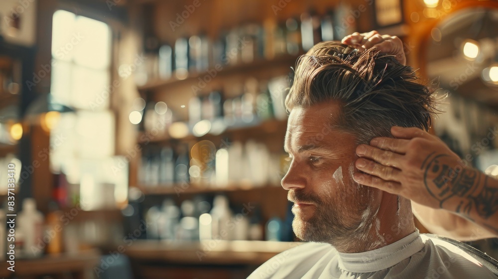Obraz premium Barber applying hair product to a client's hair before styling