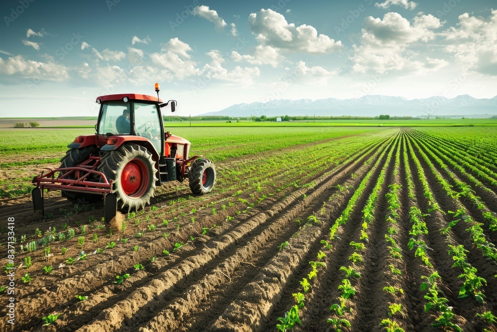 A red tractor is driving through a field of green plants A red tractor is driving through a field of green plants