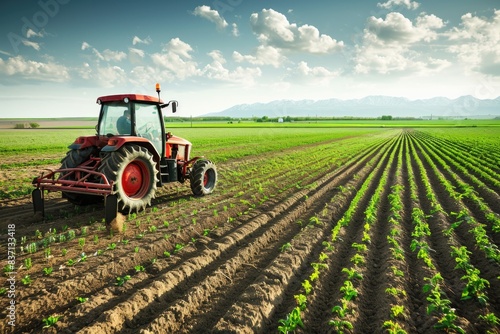 A red tractor is driving through a field of green plants