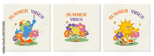 A set of cartoon summer cards: flowers, planet earth, the sun, butterflies. Suitable for prints on T-shirts, covers, posters, social media posts, festivals, markets. Vector illustration.