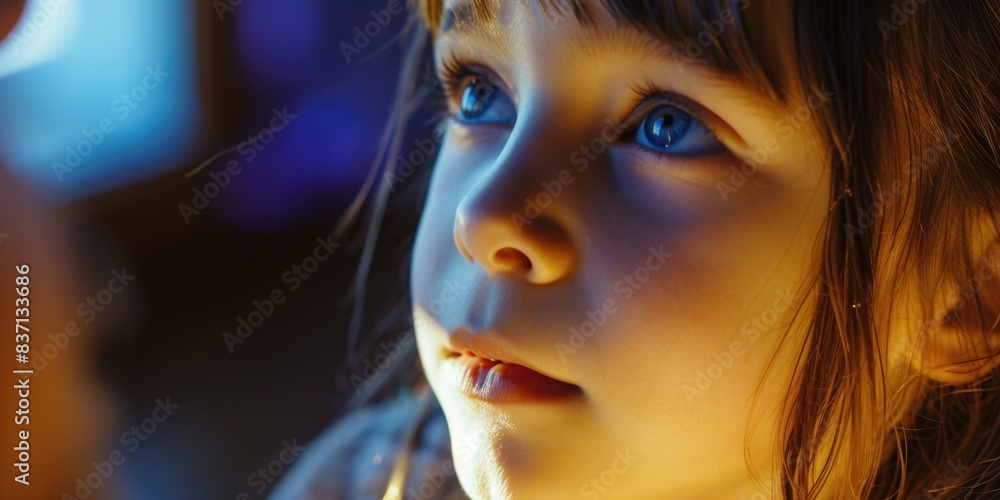 A young girl with blue eyes is looking at the camera. She has a small mouth and is wearing a white shirt A young girl with blue eyes is looking at the camera. She has a small mouth and is wearing a white shirt