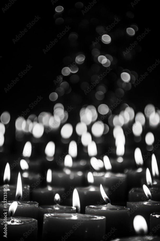 A close up of many candles with a blurry background. The candles are lit and the image has a moody, mysterious feel to it A close up of many candles with a blurry background. The candles are lit and the image has a moody, mysterious feel to it