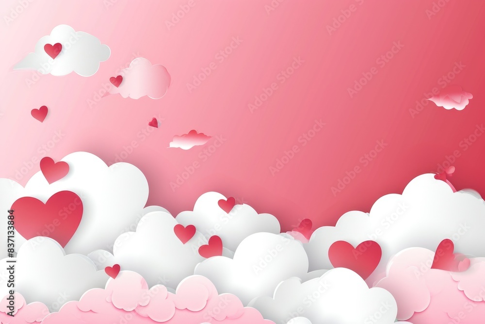 A pink background with clouds and hearts. Concept of love and warmth