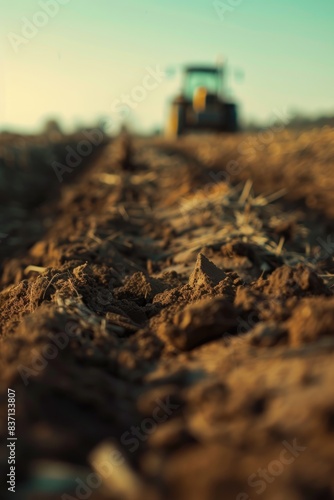 A tractor is driving through a field of dirt